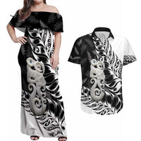 Aotearoa Manaia NZ Maori Silver Fern Couples Matching Off Shoulder Maxi Dress and Hawaiian Shirt LT14 Black - Polynesian Pride