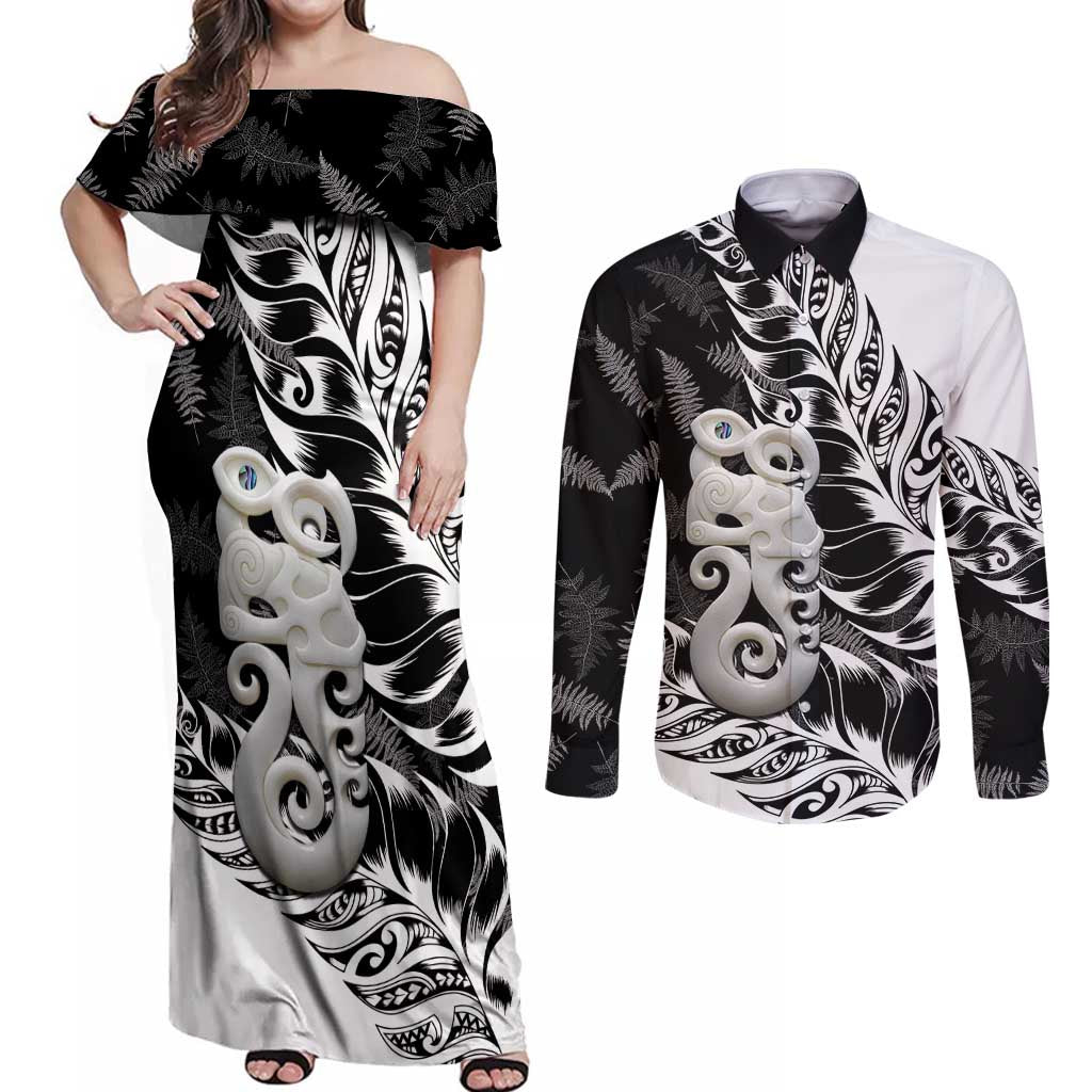 Aotearoa Manaia NZ Maori Silver Fern Couples Matching Off Shoulder Maxi Dress and Long Sleeve Button Shirt