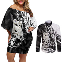 Aotearoa Manaia NZ Maori Silver Fern Couples Matching Off Shoulder Short Dress and Long Sleeve Button Shirt