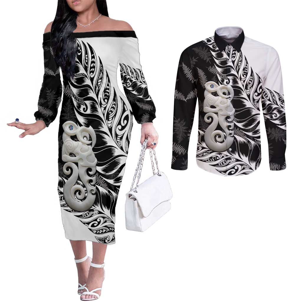 Aotearoa Manaia NZ Maori Silver Fern Couples Matching Off The Shoulder Long Sleeve Dress and Long Sleeve Button Shirt