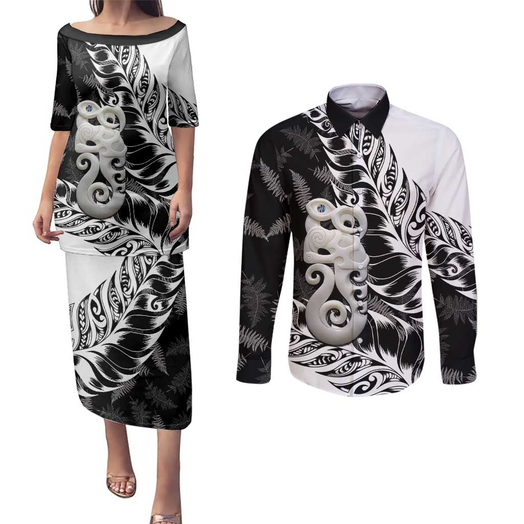 Aotearoa Manaia NZ Maori Silver Fern Couples Matching Puletasi and Long Sleeve Button Shirt