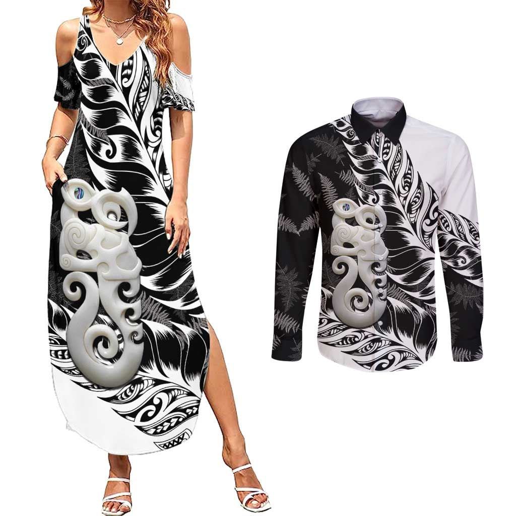 Aotearoa Manaia NZ Maori Silver Fern Couples Matching Summer Maxi Dress and Long Sleeve Button Shirt