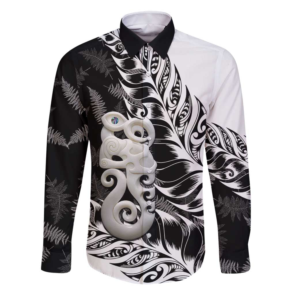 Aotearoa Manaia NZ Maori Silver Fern Family Matching Mermaid Dress and Hawaiian Shirt LT14 Dad's Shirt - Long Sleeve Black - Polynesian Pride