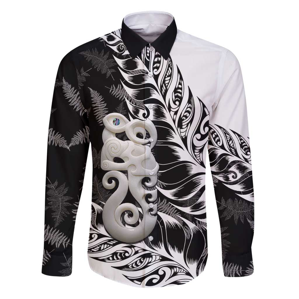 Aotearoa Manaia NZ Maori Silver Fern Family Matching Puletasi and Hawaiian Shirt LT14 Dad's Shirt - Long Sleeve Black - Polynesian Pride