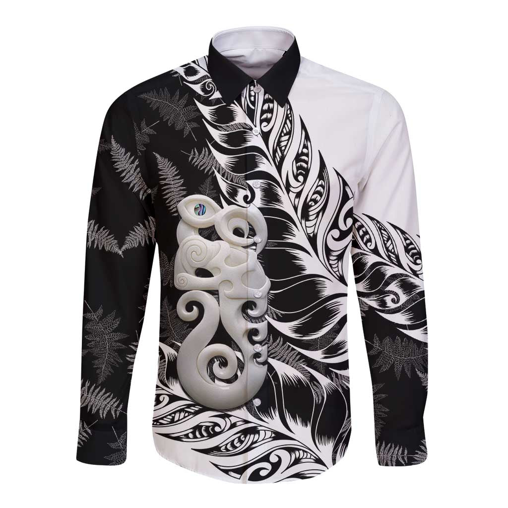 Aotearoa Manaia NZ Maori Silver Fern Long Sleeve Button Shirt LT14 Unisex Black - Polynesian Pride