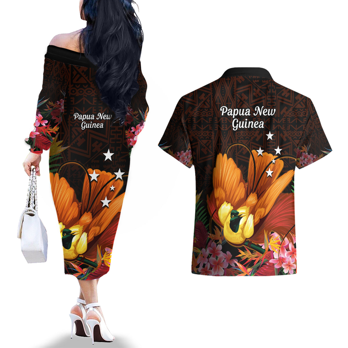 Gude Hi Hai Papua New Guinea Couples Matching Off The Shoulder Long Sleeve Dress and Hawaiian Shirt Motuan PNG Raggiana Bird of Paradise Tropical Vibes LT14 - Polynesian Pride