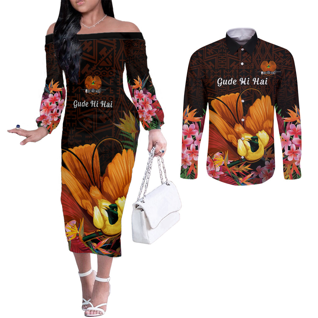 Gude Hi Hai Papua New Guinea Couples Matching Off The Shoulder Long Sleeve Dress and Long Sleeve Button Shirt Motuan PNG Raggiana Bird of Paradise Tropical Vibes LT14 Black - Polynesian Pride