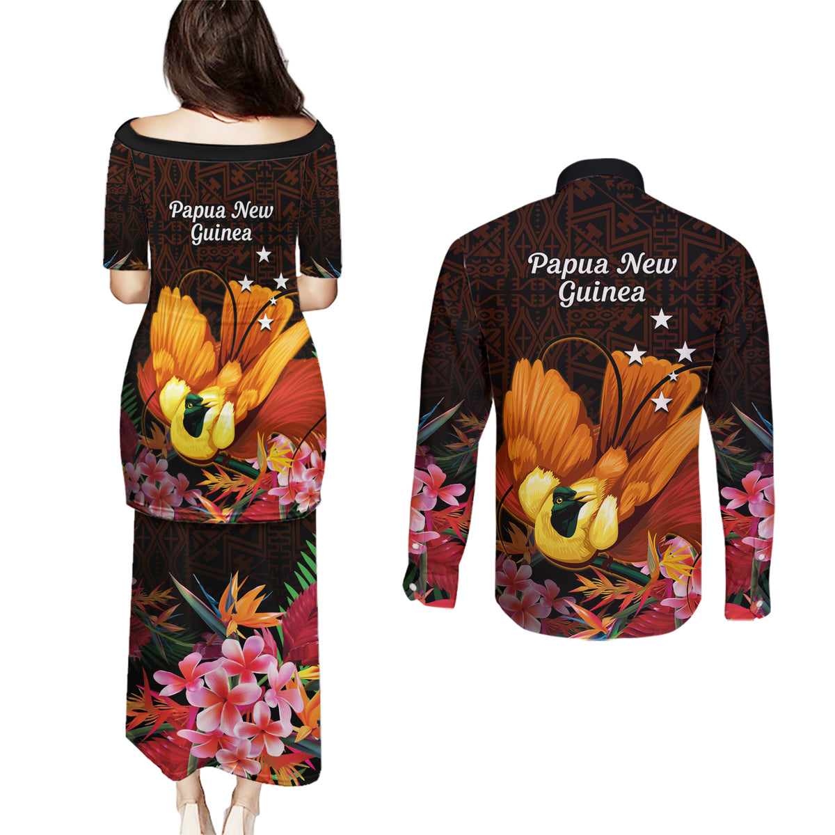 Gude Hi Hai Papua New Guinea Couples Matching Puletasi and Long Sleeve Button Shirt Motuan PNG Raggiana Bird of Paradise Tropical Vibes LT14 - Polynesian Pride