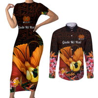 Gude Hi Hai Papua New Guinea Couples Matching Short Sleeve Bodycon Dress and Long Sleeve Button Shirt Motuan PNG Raggiana Bird of Paradise Tropical Vibes LT14 Black - Polynesian Pride