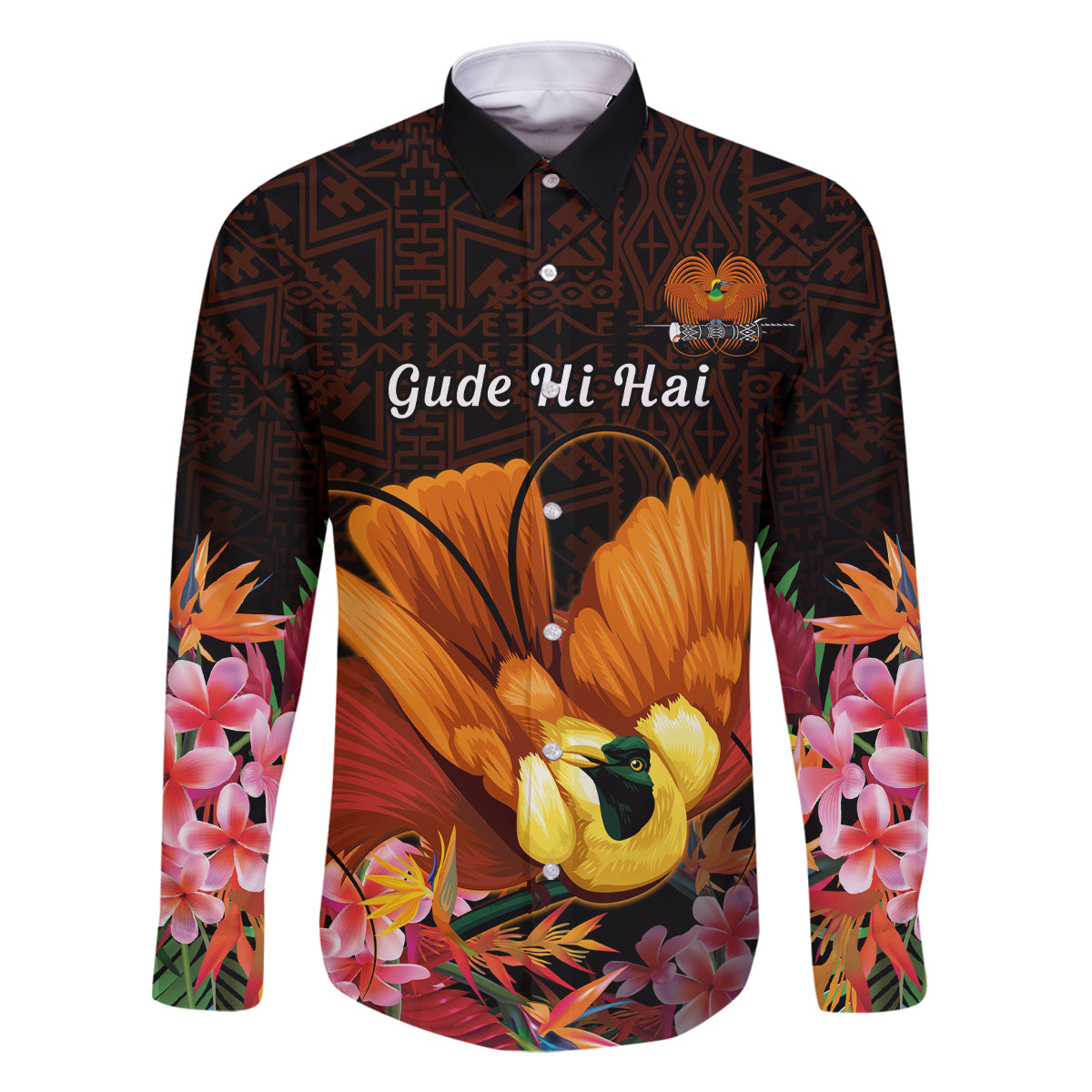 Gude Hi Hai Papua New Guinea Family Matching Tank Maxi Dress and Hawaiian Shirt Motuan PNG Raggiana Bird of Paradise Tropical Vibes LT14 Dad's Shirt - Long Sleeve Black - Polynesian Pride
