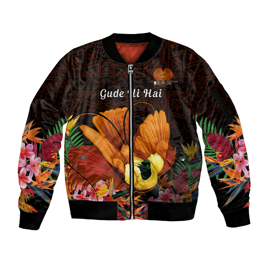 Gude Hi Hai Papua New Guinea Sleeve Zip Bomber Jacket Motuan PNG Raggiana Bird of Paradise Tropical Vibes LT14 Unisex Black - Polynesian Pride