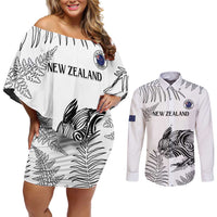 Custom New Zealand Kiwi Football Couples Matching Off Shoulder Short Dress and Long Sleeve Button Shirt Aotearoa Silver Fern