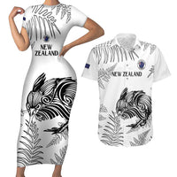 Custom New Zealand Kiwi Football Couples Matching Short Sleeve Bodycon Dress and Hawaiian Shirt Aotearoa Silver Fern LT14 White - Polynesian Pride