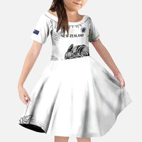 Custom New Zealand Kiwi Football Family Matching Long Sleeve Bodycon Dress and Hawaiian Shirt Aotearoa Silver Fern LT14 Daughter's Dress White - Polynesian Pride