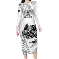 Custom New Zealand Kiwi Football Family Matching Long Sleeve Bodycon Dress and Hawaiian Shirt Aotearoa Silver Fern LT14 Mom's Dress White - Polynesian Pride