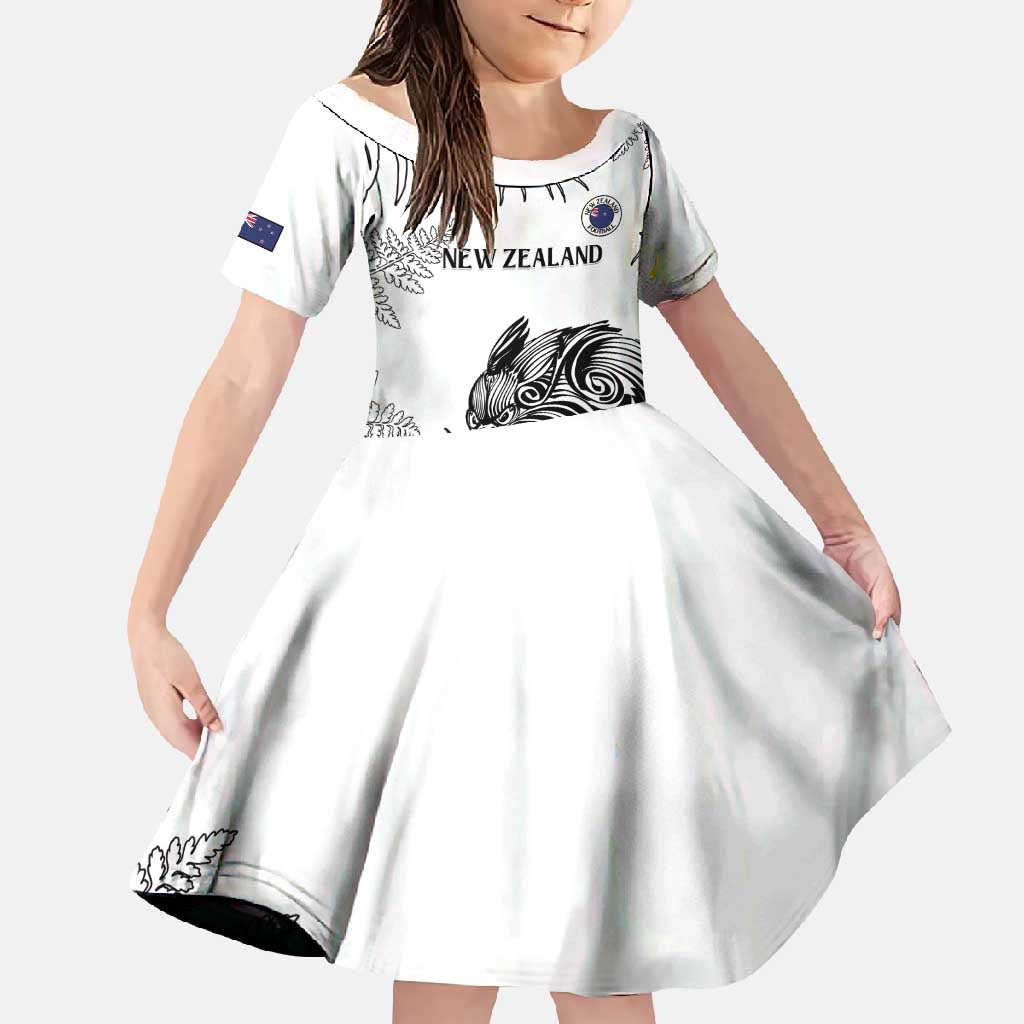 Custom New Zealand Kiwi Football Family Matching Short Sleeve Bodycon Dress and Hawaiian Shirt Aotearoa Silver Fern LT14 Daughter's Dress White - Polynesian Pride