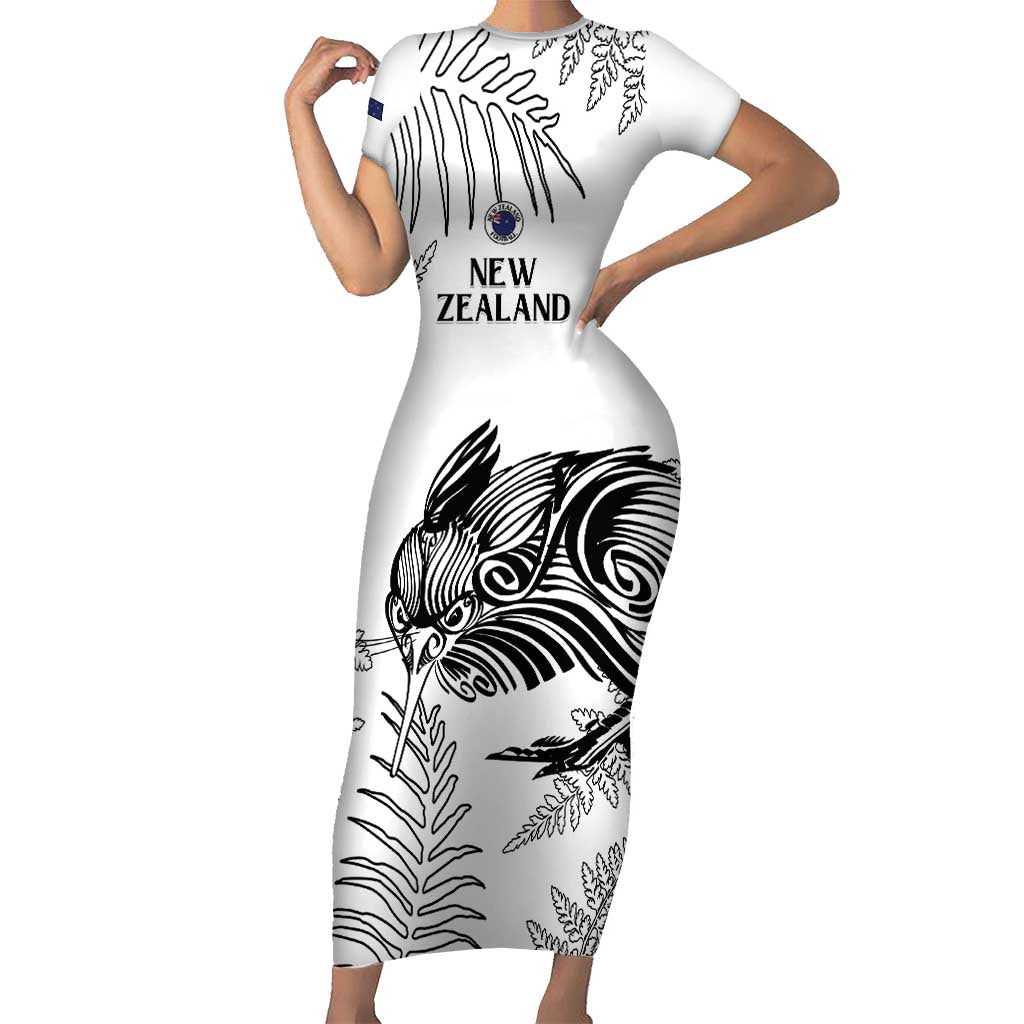 Custom New Zealand Kiwi Football Family Matching Short Sleeve Bodycon Dress and Hawaiian Shirt Aotearoa Silver Fern LT14 Mom's Dress White - Polynesian Pride