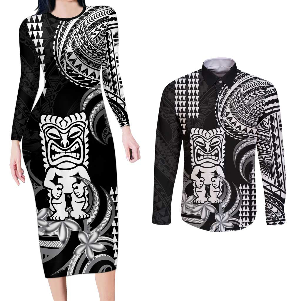 Hawaii Ku God Couples Matching Long Sleeve Bodycon Dress and Long Sleeve Button Shirt Kakau Mix Polynesian Tattoo