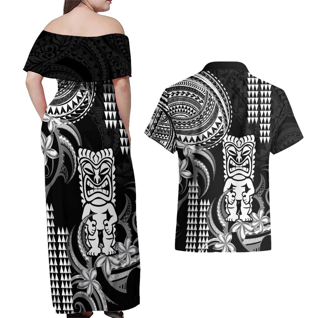 Hawaii Ku God Couples Matching Off Shoulder Maxi Dress and Hawaiian Shirt Kakau Mix Polynesian Tattoo