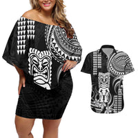 Hawaii Ku God Couples Matching Off Shoulder Short Dress and Hawaiian Shirt Kakau Mix Polynesian Tattoo