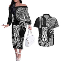 Hawaii Ku God Couples Matching Off The Shoulder Long Sleeve Dress and Hawaiian Shirt Kakau Mix Polynesian Tattoo