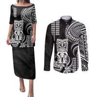 Hawaii Ku God Couples Matching Puletasi and Long Sleeve Button Shirt Kakau Mix Polynesian Tattoo