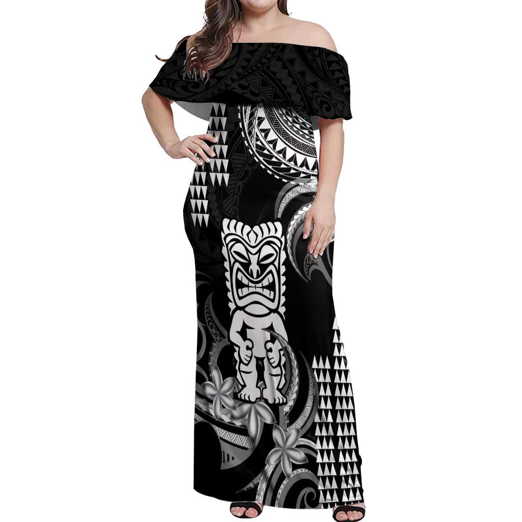 Hawaii Ku God Off Shoulder Maxi Dress Kakau Mix Polynesian Tattoo