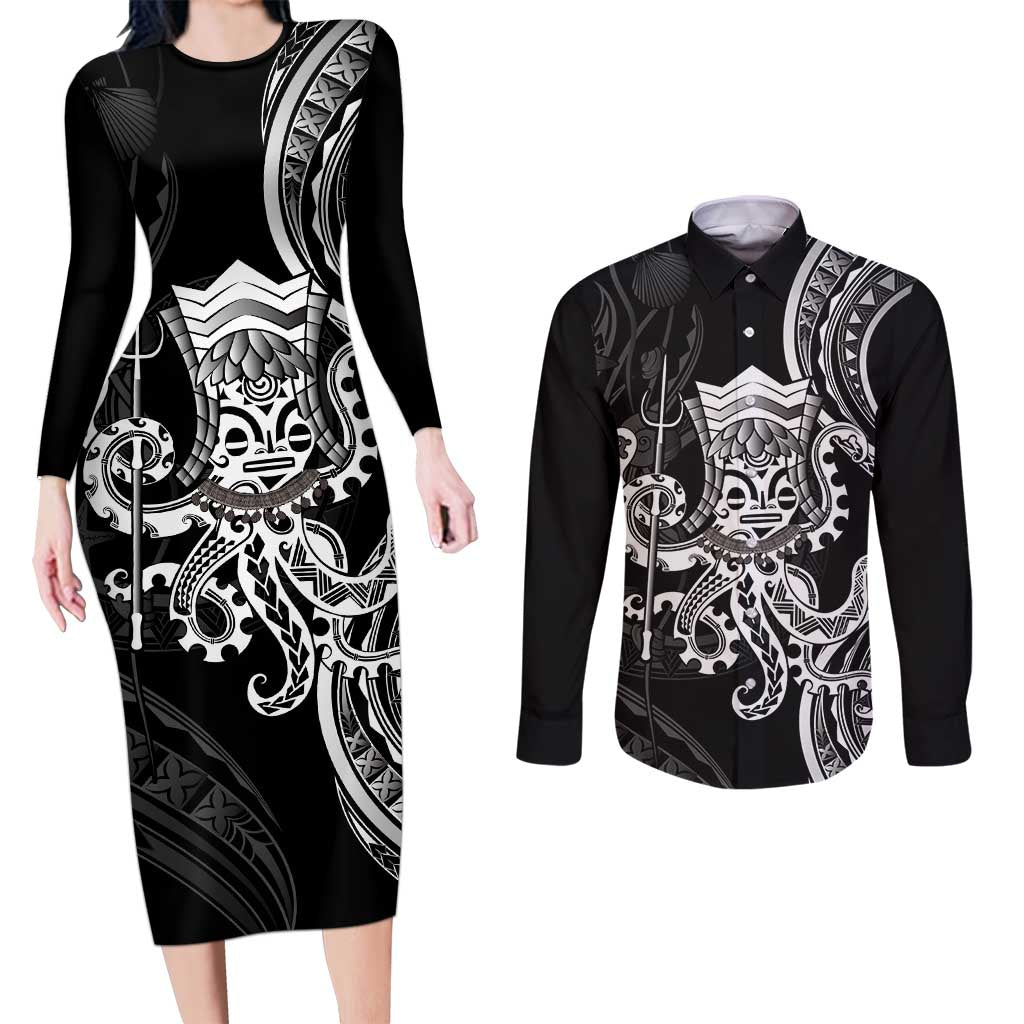Black Hawaii Kanaloa God Couples Matching Long Sleeve Bodycon Dress and Long Sleeve Button Shirt Hawaiian Octopus LT14 Black - Polynesian Pride