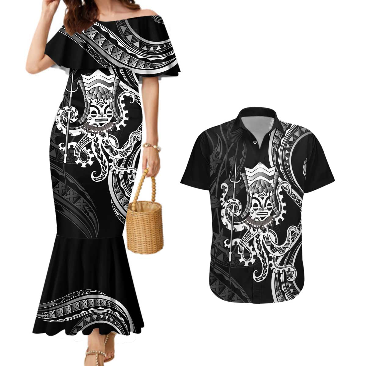 Black Hawaii Kanaloa God Couples Matching Mermaid Dress and Hawaiian Shirt Hawaiian Octopus LT14 Black - Polynesian Pride
