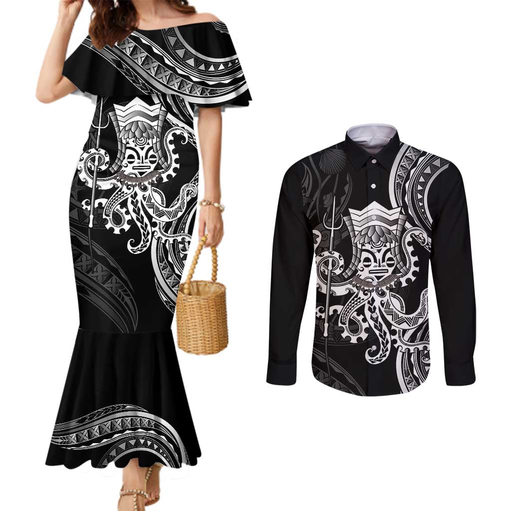 Black Hawaii Kanaloa God Couples Matching Mermaid Dress and Long Sleeve Button Shirt Hawaiian Octopus LT14 Black - Polynesian Pride