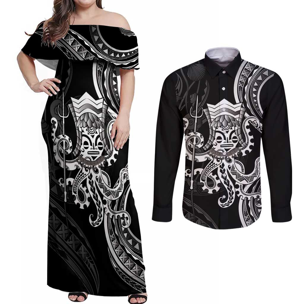 Black Hawaii Kanaloa God Couples Matching Off Shoulder Maxi Dress and Long Sleeve Button Shirt Hawaiian Octopus LT14 Black - Polynesian Pride