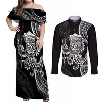 Black Hawaii Kanaloa God Couples Matching Off Shoulder Maxi Dress and Long Sleeve Button Shirt Hawaiian Octopus LT14 Black - Polynesian Pride