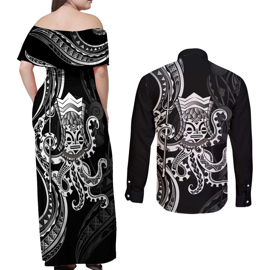 Black Hawaii Kanaloa God Couples Matching Off Shoulder Maxi Dress and Long Sleeve Button Shirt Hawaiian Octopus LT14 - Polynesian Pride