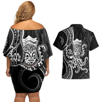 Black Hawaii Kanaloa God Couples Matching Off Shoulder Short Dress and Hawaiian Shirt Hawaiian Octopus LT14 - Polynesian Pride