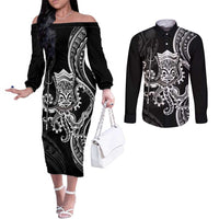 Black Hawaii Kanaloa God Couples Matching Off The Shoulder Long Sleeve Dress and Long Sleeve Button Shirt Hawaiian Octopus LT14 Black - Polynesian Pride