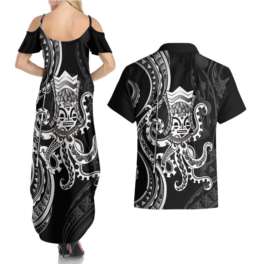 Black Hawaii Kanaloa God Couples Matching Summer Maxi Dress and Hawaiian Shirt Hawaiian Octopus LT14 - Polynesian Pride