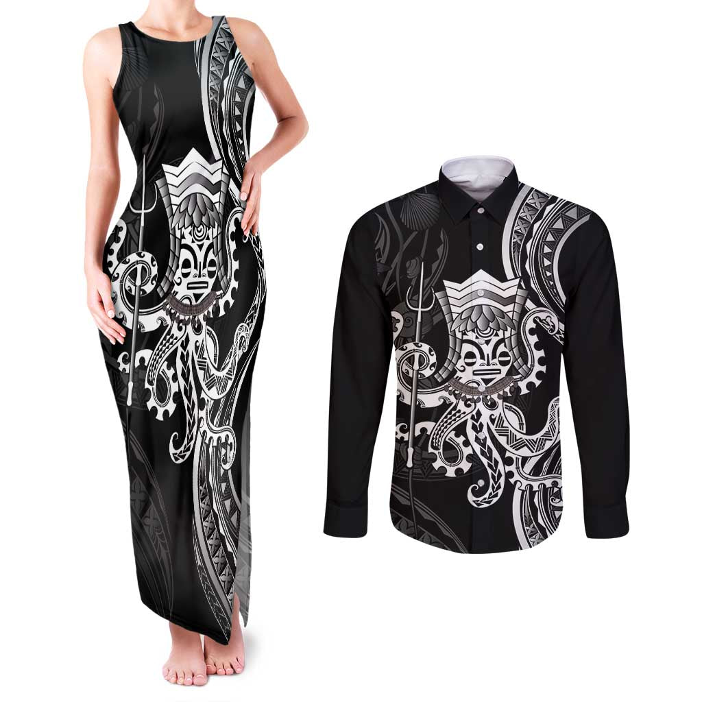 Black Hawaii Kanaloa God Couples Matching Tank Maxi Dress and Long Sleeve Button Shirt Hawaiian Octopus LT14 Black - Polynesian Pride