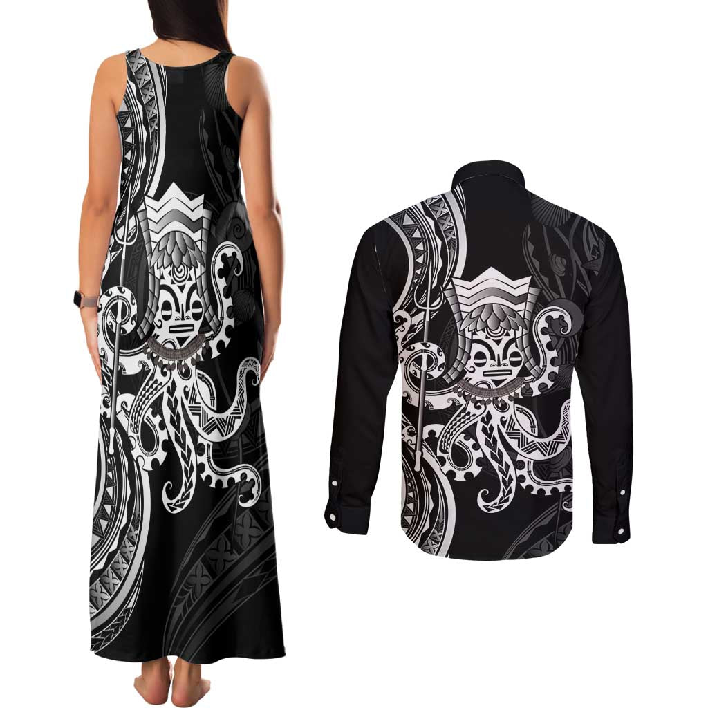 Black Hawaii Kanaloa God Couples Matching Tank Maxi Dress and Long Sleeve Button Shirt Hawaiian Octopus LT14 - Polynesian Pride