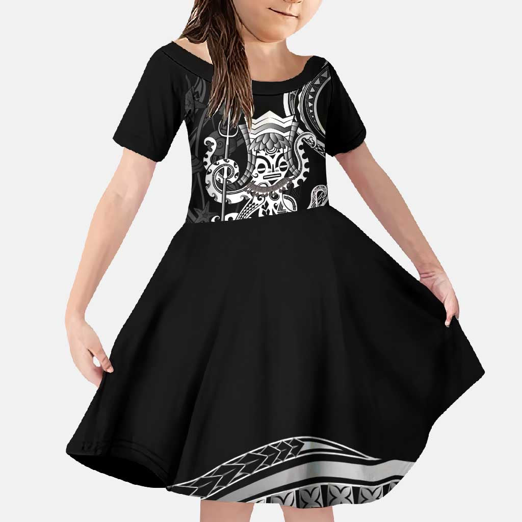 Black Hawaii Kanaloa God Family Matching Long Sleeve Bodycon Dress and Hawaiian Shirt Hawaiian Octopus LT14 Daughter's Dress Black - Polynesian Pride