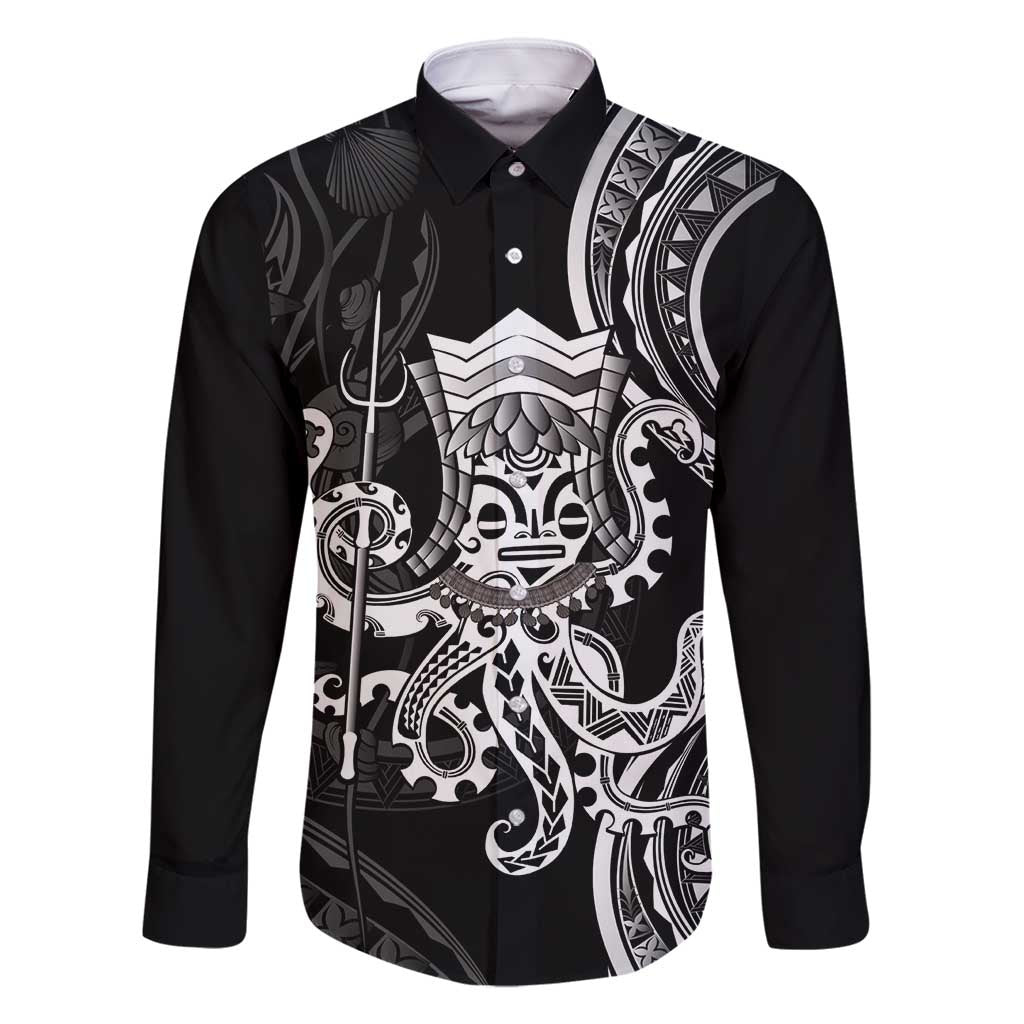 Black Hawaii Kanaloa God Family Matching Long Sleeve Bodycon Dress and Hawaiian Shirt Hawaiian Octopus LT14 Dad's Shirt - Long Sleeve Black - Polynesian Pride