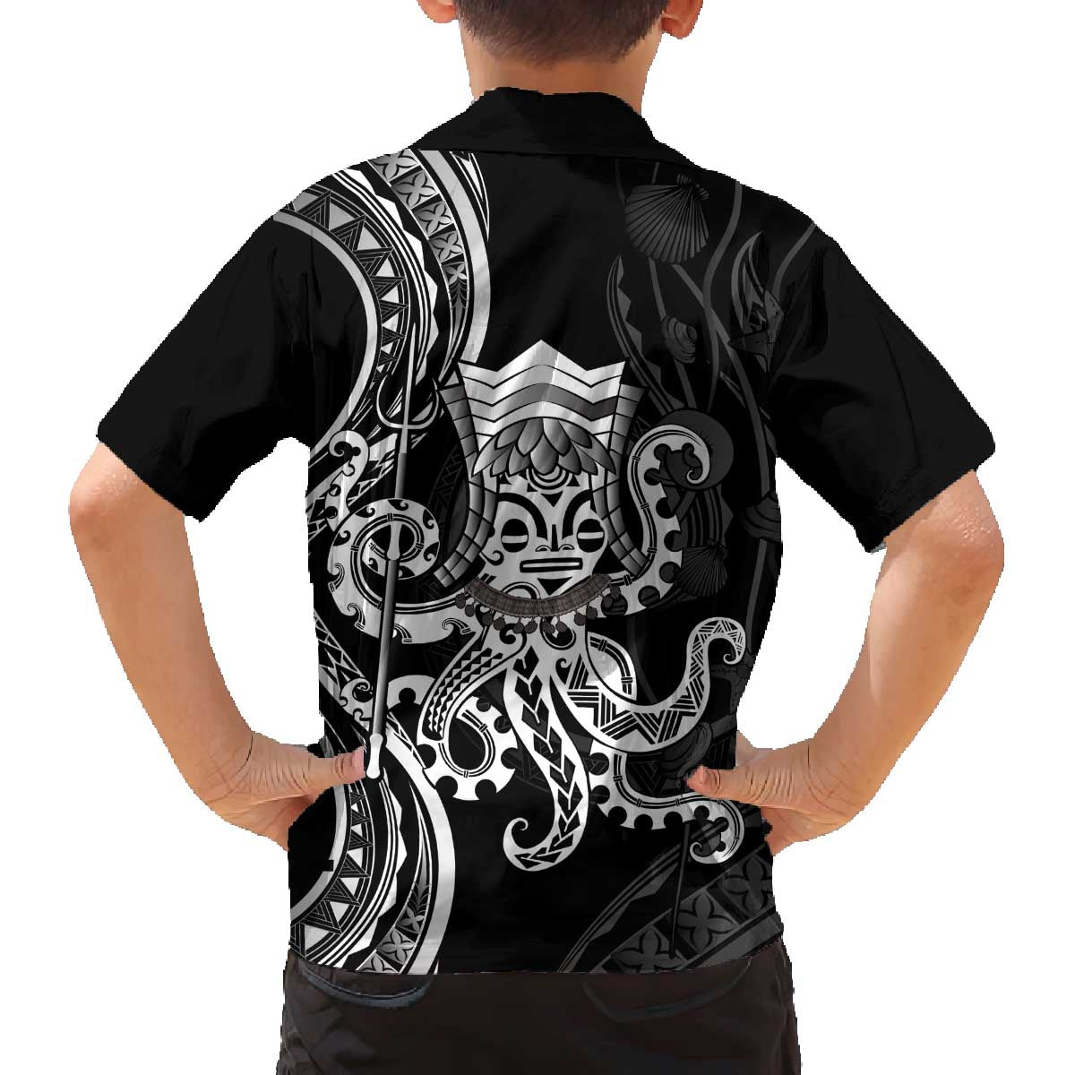 Black Hawaii Kanaloa God Family Matching Off The Shoulder Long Sleeve Dress and Hawaiian Shirt Hawaiian Octopus