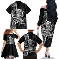 Black Hawaii Kanaloa God Family Matching Off The Shoulder Long Sleeve Dress and Hawaiian Shirt Hawaiian Octopus