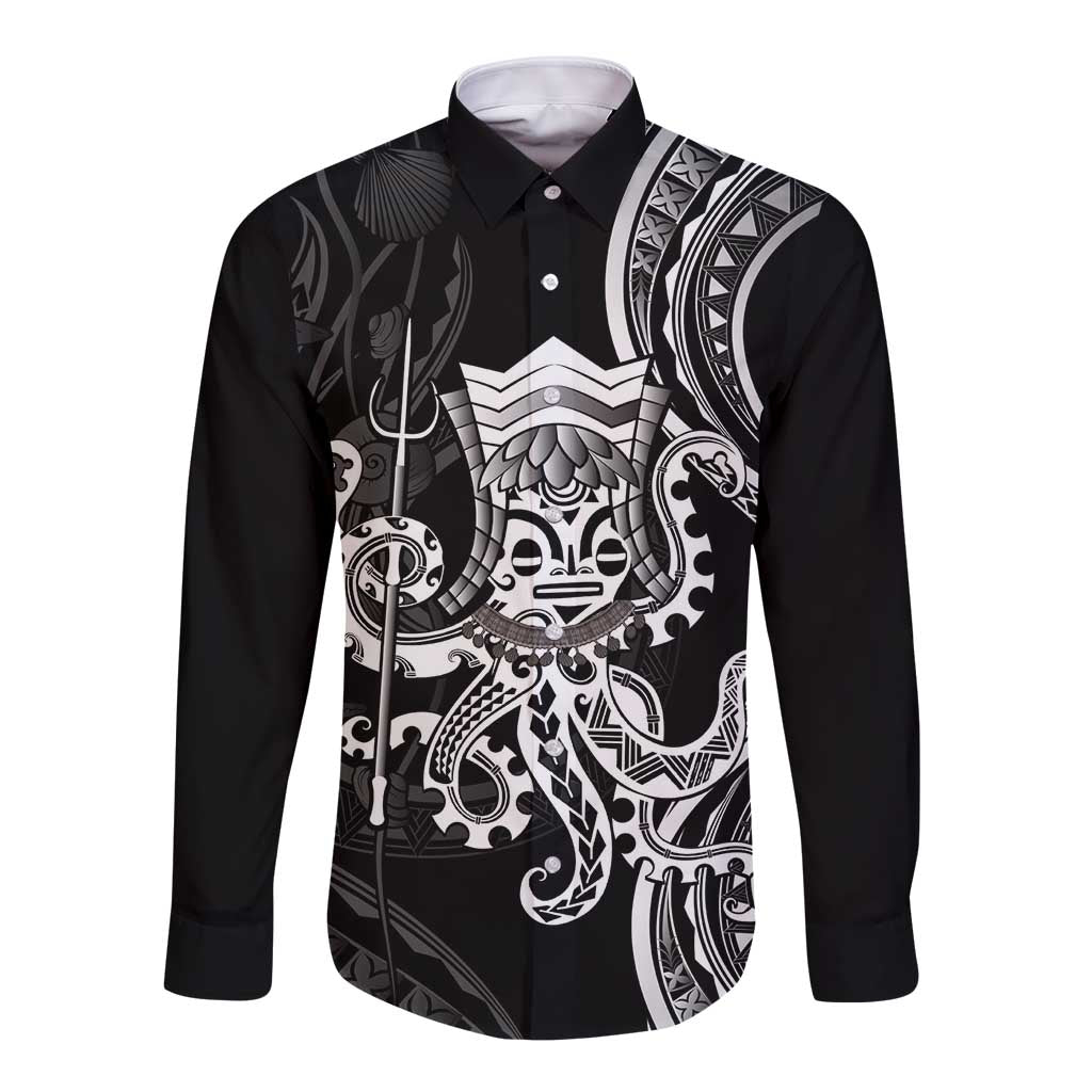 Black Hawaii Kanaloa God Long Sleeve Button Shirt Hawaiian Octopus