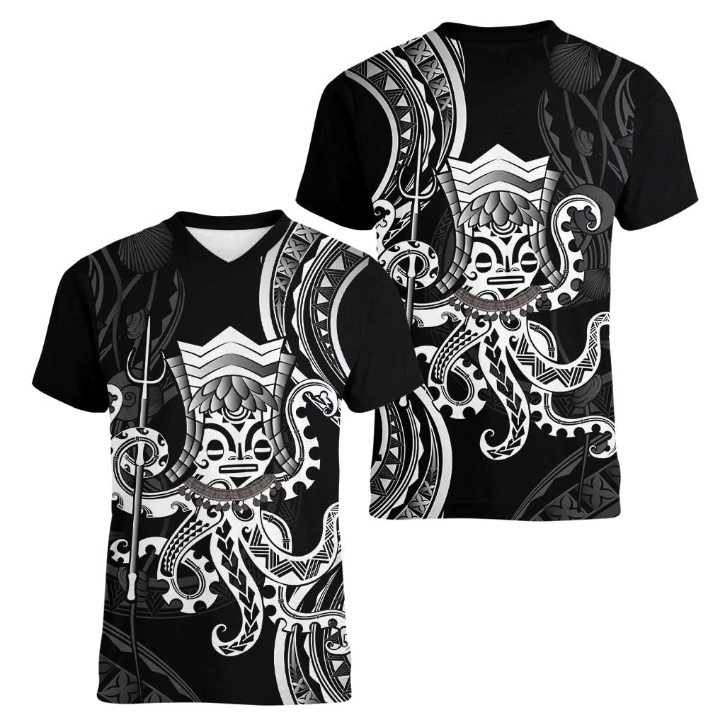 Black Hawaii Kanaloa God Women V-Neck T-Shirt Hawaiian Octopus LT14 - Polynesian Pride