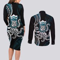 Turquoise Hawaii Kanaloa God Couples Matching Long Sleeve Bodycon Dress and Long Sleeve Button Shirt Hawaiian Octopus LT14 - Polynesian Pride