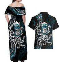 Turquoise Hawaii Kanaloa God Couples Matching Off Shoulder Maxi Dress and Hawaiian Shirt Hawaiian Octopus LT14 - Polynesian Pride