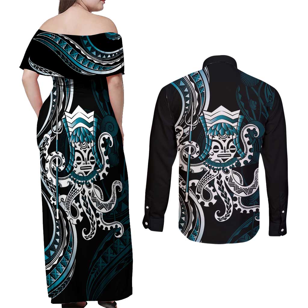 Turquoise Hawaii Kanaloa God Couples Matching Off Shoulder Maxi Dress and Long Sleeve Button Shirt Hawaiian Octopus LT14 - Polynesian Pride