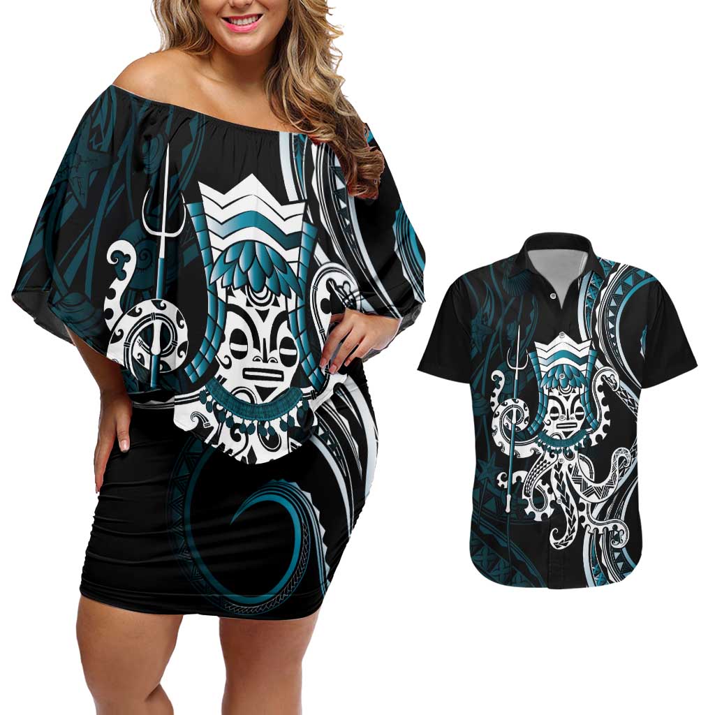 Turquoise Hawaii Kanaloa God Couples Matching Off Shoulder Short Dress and Hawaiian Shirt Hawaiian Octopus LT14 Turquoise - Polynesian Pride