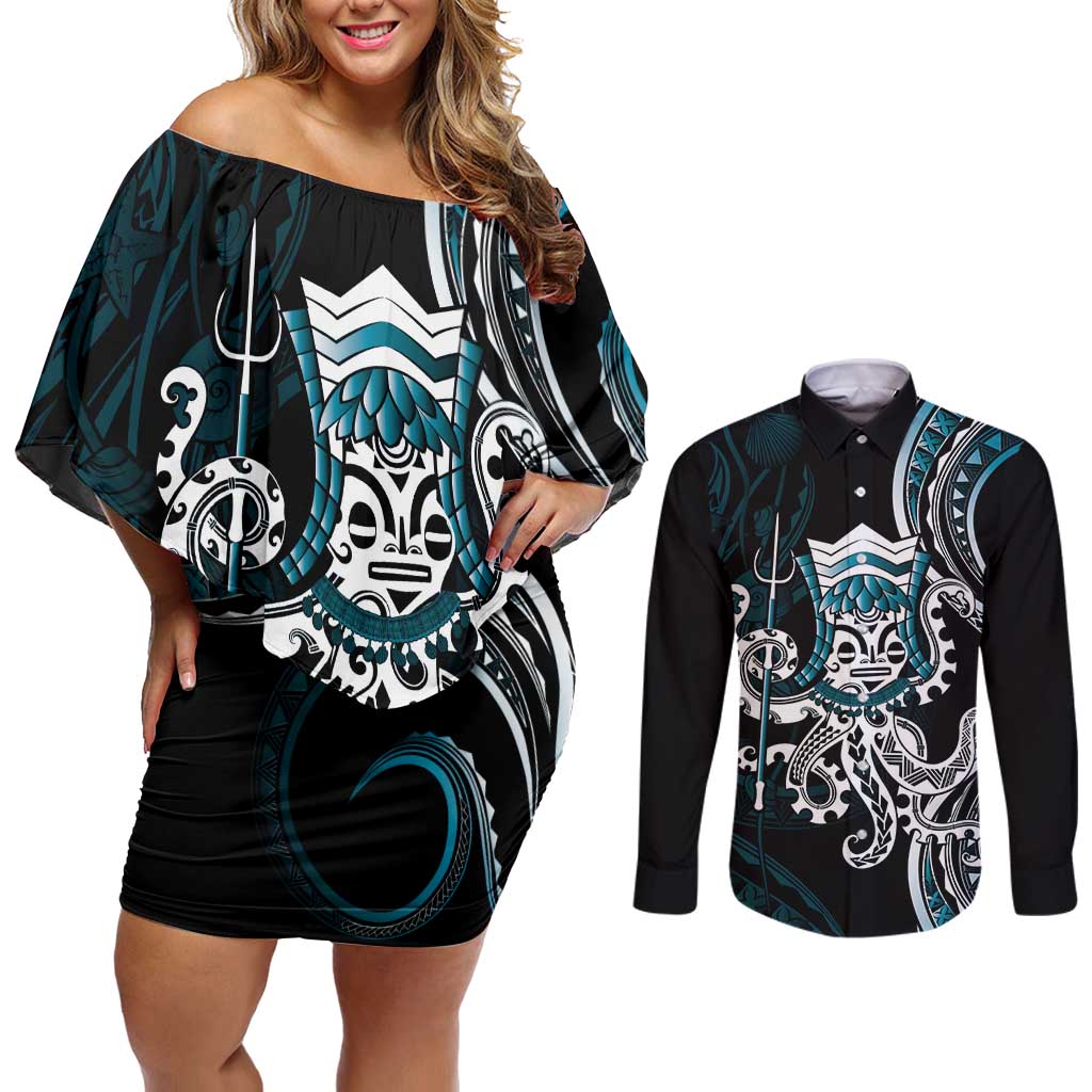 Turquoise Hawaii Kanaloa God Couples Matching Off Shoulder Short Dress and Long Sleeve Button Shirt Hawaiian Octopus LT14 Turquoise - Polynesian Pride