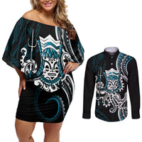 Turquoise Hawaii Kanaloa God Couples Matching Off Shoulder Short Dress and Long Sleeve Button Shirt Hawaiian Octopus LT14 Turquoise - Polynesian Pride